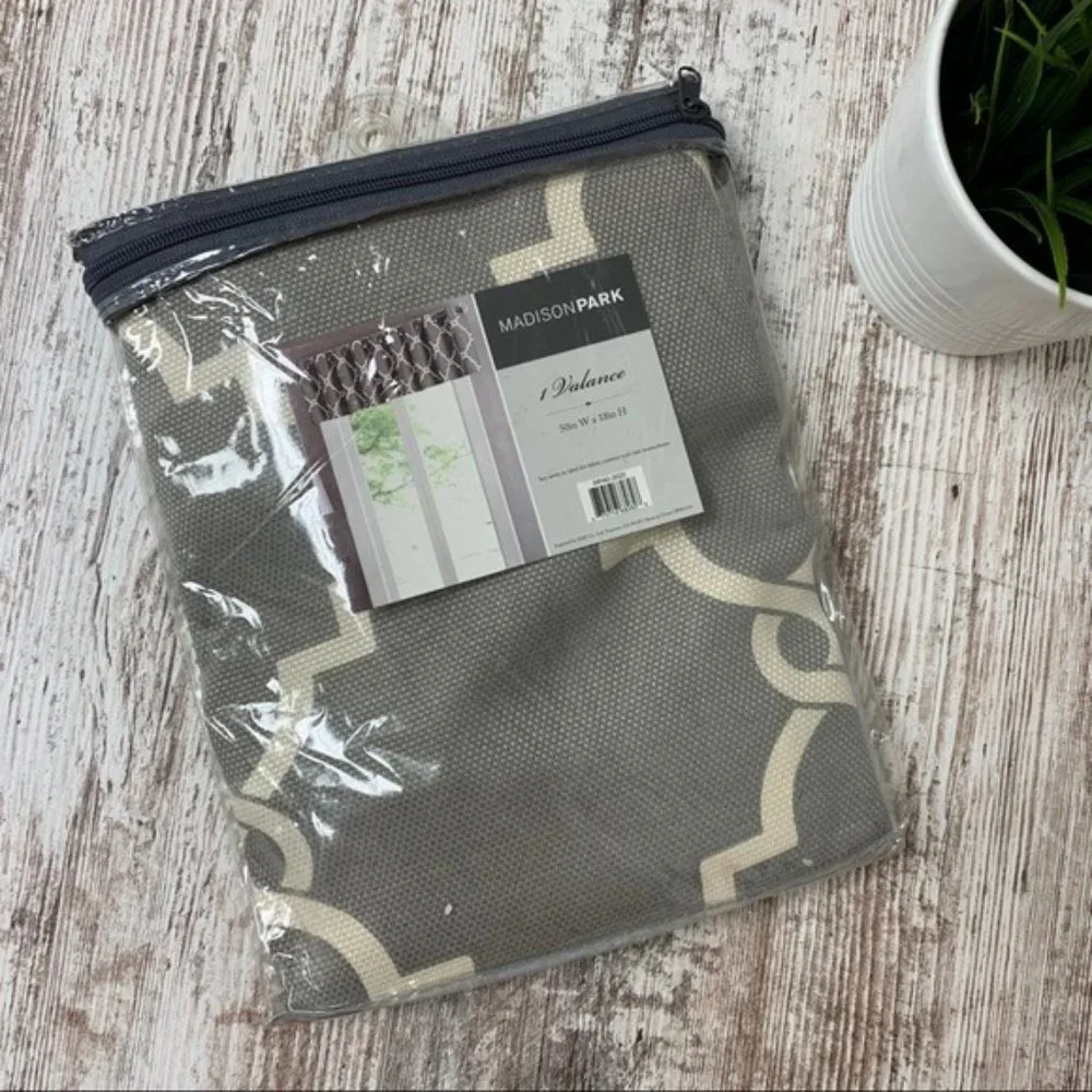 MADISON PARK Saratoga Fretwork Window Valance Grey Cream Trellis 50 x 80 NEW NIP